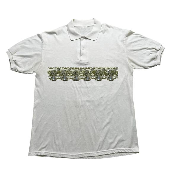 Vintage Hawaiian Fishermen Graphic Polo Shirt Gray Short Sleeve Sz M / L  Tribal - Picture 7 of 10